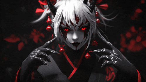 a black and white drawing of a woman with red eyes