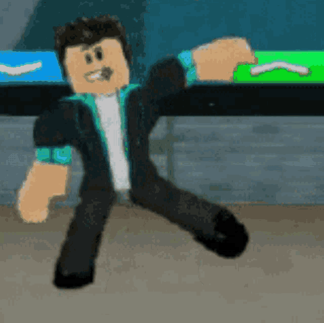 a roblox character is standing on one leg in front of a wall .
