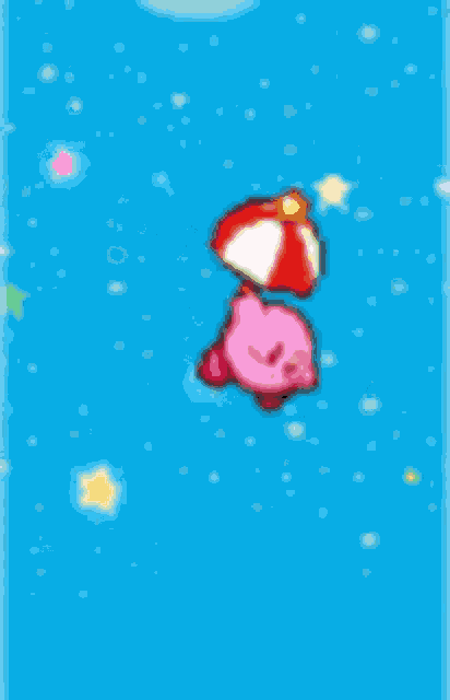 kirby is holding an umbrella in the air