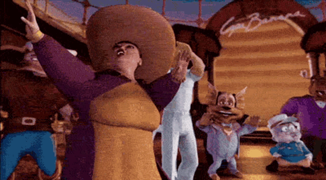 a group of cartoon characters are dancing in front of a sign that says ' go banana '