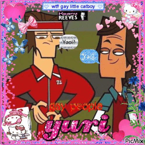 a picture of two cartoon characters with a speech bubble that says gay people yuri