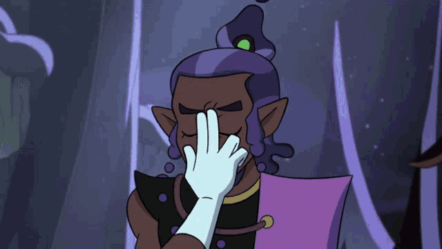 a cartoon character with purple hair and a white hand covering his nose