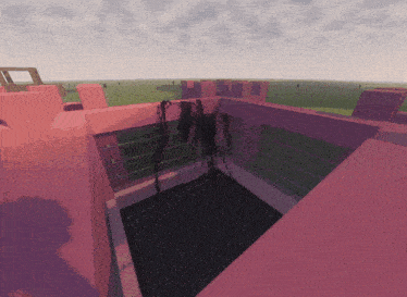 a computer generated image of a pink building with a castle in the background