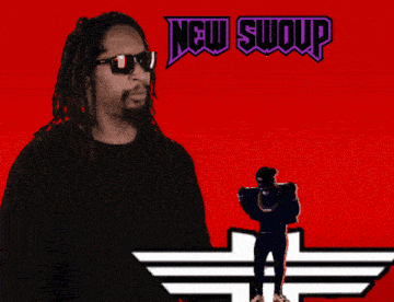 a man wearing sunglasses stands in front of a red background with the words new swoup