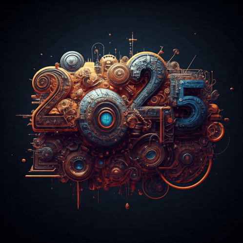 the number 2025 is surrounded by gears and circles on a dark background