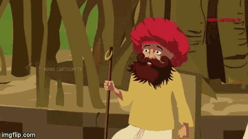 a cartoon of a man with a beard and a red hat holding a stick