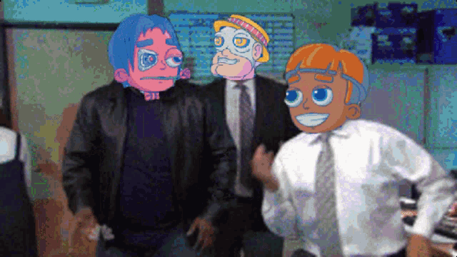 a group of cartoon characters are standing next to each other and one of them has the letter n on his head