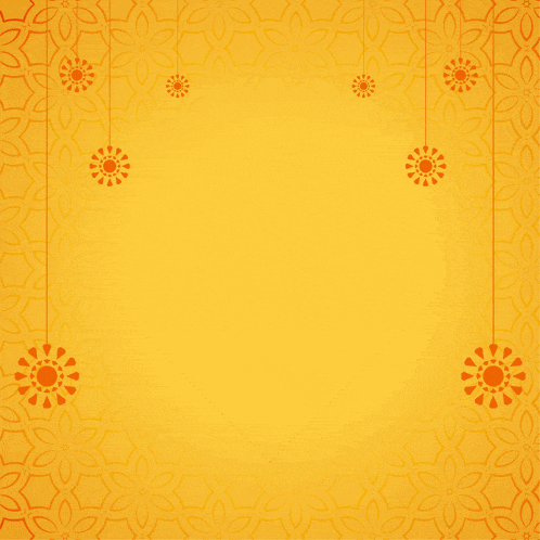 a yellow background with orange flowers hanging from a string