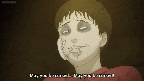 a cartoon of a boy with bandages on his face and the words may you be cursed