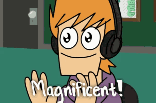 a cartoon character wearing headphones with the words magnificent on the bottom