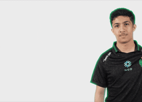 a man wearing a black neo falcons jersey