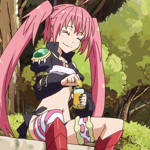 a girl with pink pigtails is sitting on a rock holding a drink