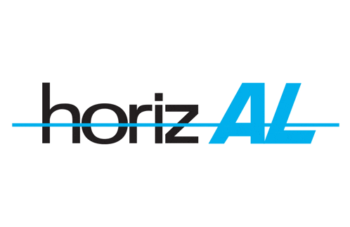 a blue and black logo for horiz al is on a white background