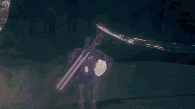 a drawing of a person in a dark room with purple lights