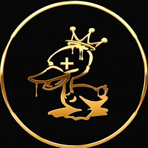 a gold duck with a crown and a cross on its head is in a gold circle on a black background .