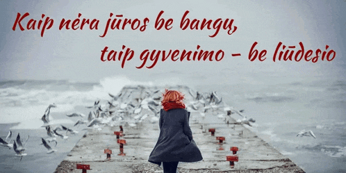 a woman is standing on a pier surrounded by seagulls with a quote in the background