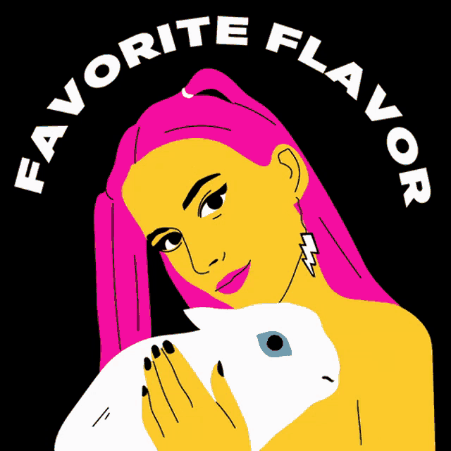 a woman with pink hair is holding a white rabbit and the words favorite flavor are around her