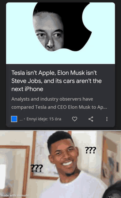 a man is smiling in front of a tesla ad