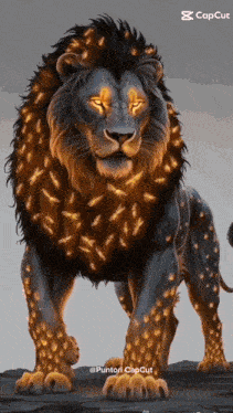 a painting of a lion with glowing eyes and a caption that says puntori capcut
