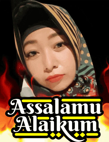 a woman wearing a hijab stands in front of a sign that says " assalamu alaikum "