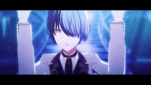 a blue haired anime character is standing in front of a staircase