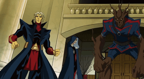 a group of cartoon characters are standing in front of a building and one of them has a hood on