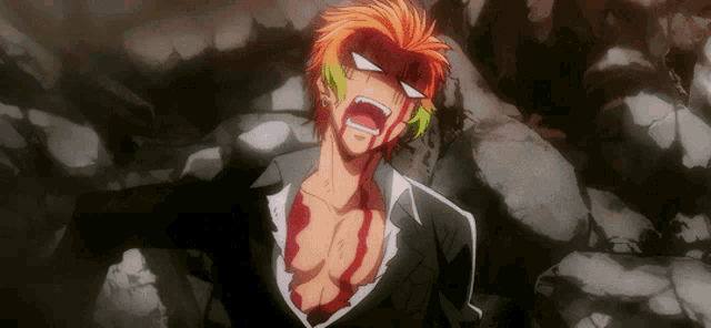 a man with orange hair and green ear piercings is screaming