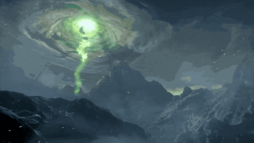 a painting of a green light coming out of a hole in the sky over mountains