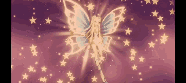 a fairy with white wings is surrounded by stars on a purple background
