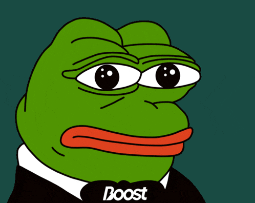 a green frog wearing a tuxedo with the word boost on his collar
