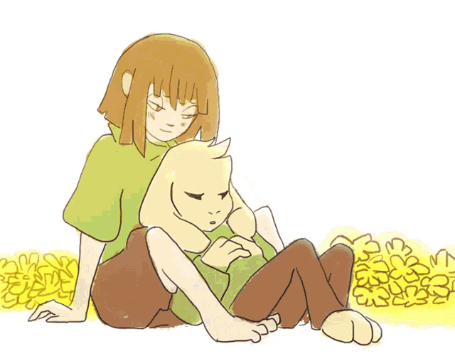 a drawing of a girl sitting next to a goat with their eyes closed