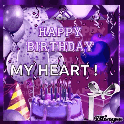 a purple birthday card with balloons , a cake , and a gift .