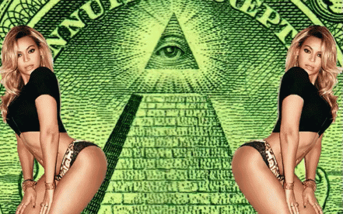 a woman is standing in front of a dollar bill that says " one dollar "