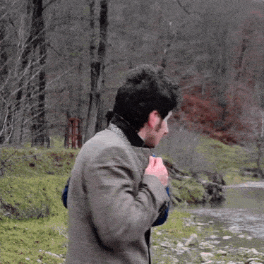 a man in a suit is standing next to a river in the woods