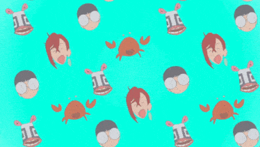 a blue background with a pattern of faces and crabs with the letter t on them