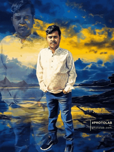 a man in a white shirt is standing in front of a blue and yellow painting