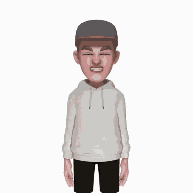 a cartoon character wearing a white hoodie and a gray hat