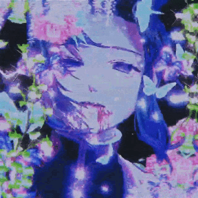 a painting of a girl with blue hair and flowers