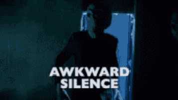 a skeleton is standing in front of a blue door with the words awkward silence written on it .