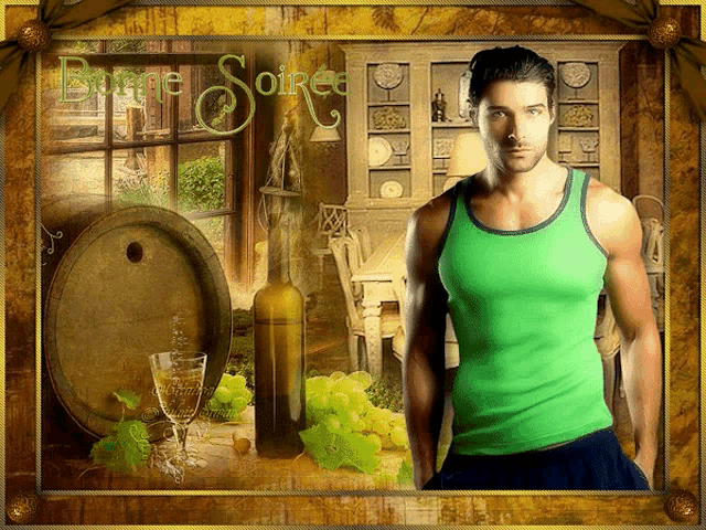 a man in a green tank top is standing in front of a bottle of wine and a barrel
