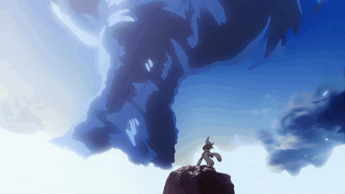 a silhouette of a person standing on a rock looking up at a giant monster in the sky