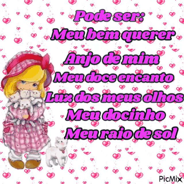 a picture of a girl holding a teddy bear with the words pode ser meu bem querer anjo de mim meu doce encanto