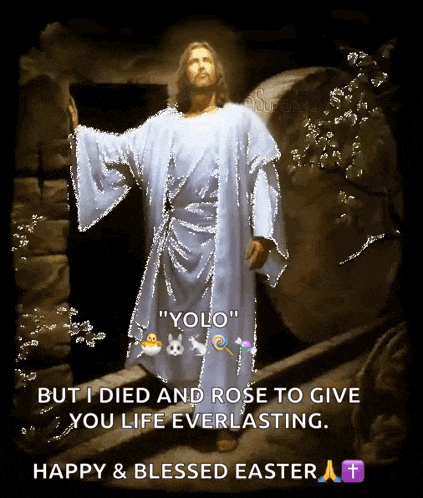 a picture of jesus with the words " yolo " on it