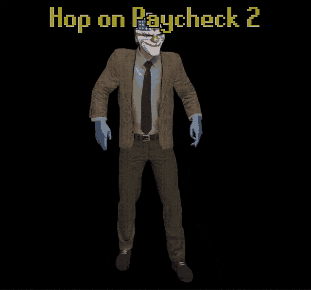 a man in a suit and tie is jumping in the air with the words hop on paycheck 2 above him