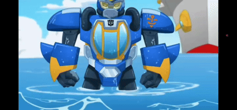 a robot is standing in the water with a hammer on his arm
