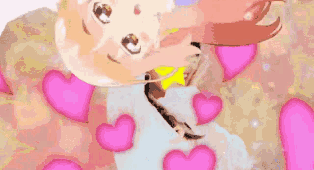 a girl is surrounded by pink hearts and a star