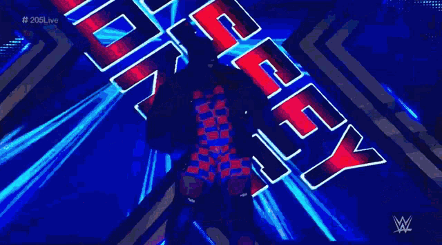 a man in a colorful shirt is standing in front of a sign that says ' wwe ' on it