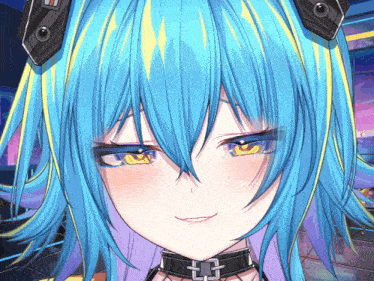 a close up of a blue haired anime character with a choker around her neck