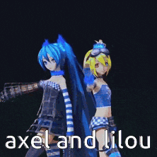 two anime girls are standing next to each other with the words axel and lilou on the bottom