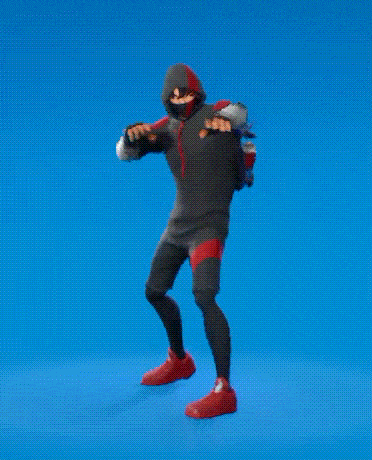 a man in a black and red ninja costume is dancing on a blue background .